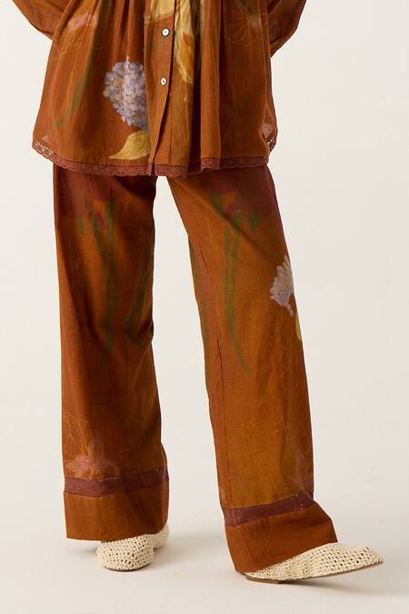 Cord Brown Cotton Lace High Neck Nova Foliage Print Top With Pant Online at Aza Fashions Cord_Brown Cotton Lace High Neck Nova Foliage Print Top With Pant_Online_at_Aza_Fashions