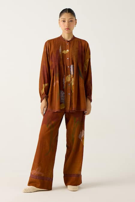 Buy Cord Brown Cotton Lace High Neck Nova Foliage Print Top With Pant Online at Aza Fashions Buy_Cord_Brown Cotton Lace High Neck Nova Foliage Print Top With Pant_Online_at_Aza_Fashions