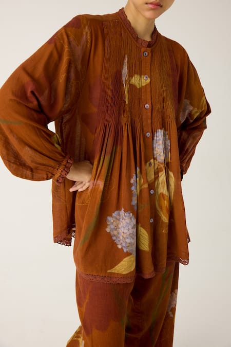 Shop Cord Brown Cotton Lace High Neck Nova Foliage Print Top With Pant Online at Aza Fashions Shop_Cord_Brown Cotton Lace High Neck Nova Foliage Print Top With Pant_Online_at_Aza_Fashions