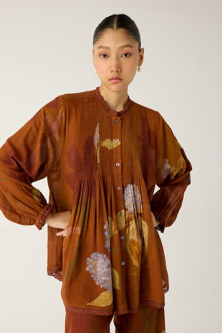 Cord Brown Cotton Lace High Neck Nova Foliage Print Top With Pant at Aza Fashions Cord_Brown Cotton Lace High Neck Nova Foliage Print Top With Pant_at_Aza_Fashions
