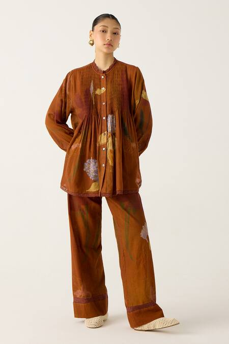 Cord_Brown Cotton Lace High Neck Nova Foliage Print Top_Online_at_Aza_Fashions