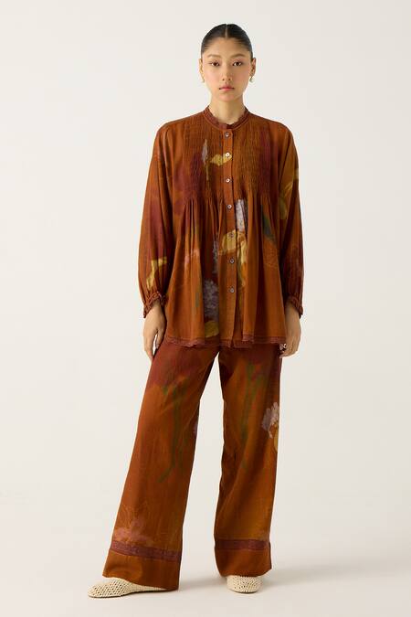 Buy_Cord_Brown Cotton Lace High Neck Nova Foliage Print Top_Online_at_Aza_Fashions