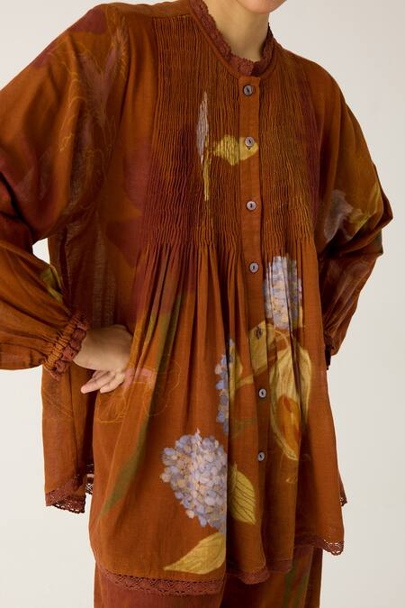 Shop_Cord_Brown Cotton Lace High Neck Nova Foliage Print Top_Online_at_Aza_Fashions