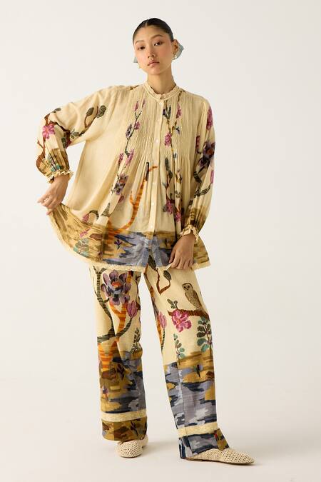 Cord_Ivory Cotton Lace High Neck Nova Safari Print Top_Online_at_Aza_Fashions