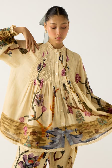 Buy_Cord_Ivory Cotton Lace High Neck Nova Safari Print Top_Online_at_Aza_Fashions