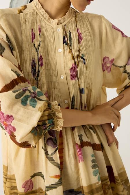 Cord_Ivory Cotton Lace High Neck Nova Safari Print Top_at_Aza_Fashions