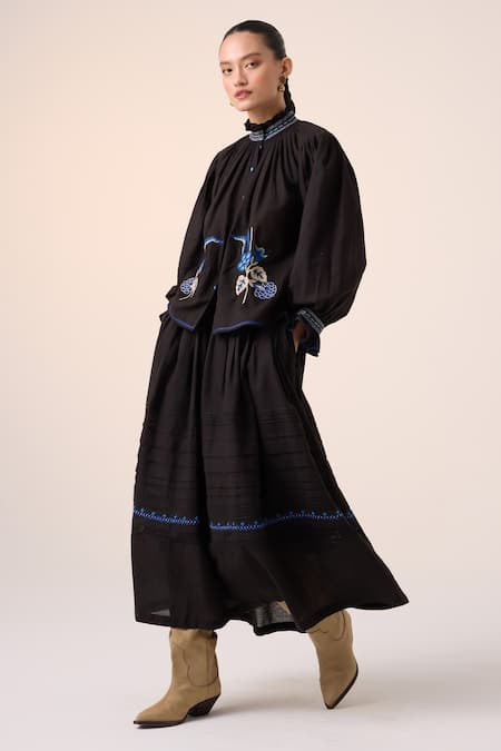 Cord_Black Cotton Embroidery Pintuck Skirt_Online_at_Aza_Fashions