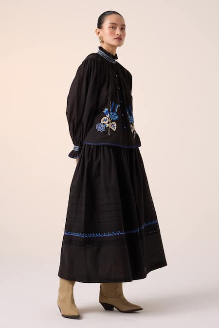 Buy_Cord_Black Cotton Embroidery Pintuck Skirt_Online_at_Aza_Fashions