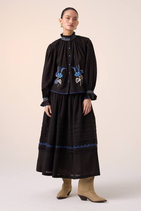 Shop_Cord_Black Cotton Embroidery Pintuck Skirt_Online_at_Aza_Fashions