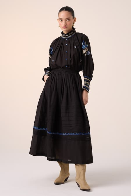 Cord_Black Cotton Embroidery Pintuck Skirt_at_Aza_Fashions