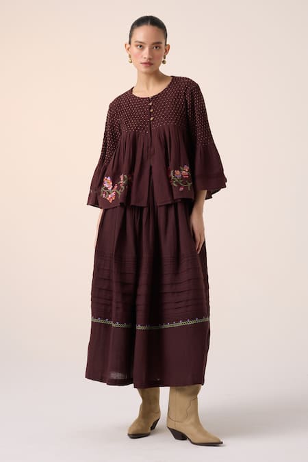 Shop_Cord_Maroon Cotton Embroidery Long Pintuck Skirt _at_Aza_Fashions