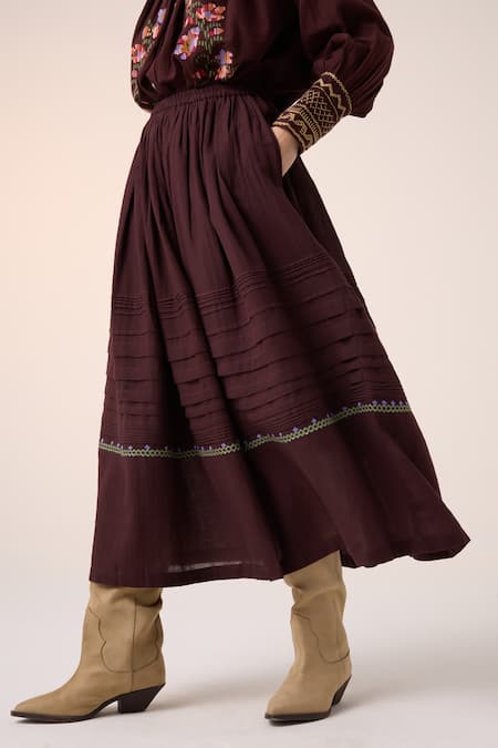 Cord_Maroon Cotton Embroidery Long Pintuck Skirt _Online_at_Aza_Fashions