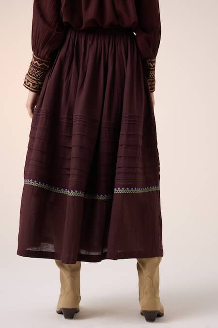 Buy_Cord_Maroon Cotton Embroidery Long Pintuck Skirt _Online_at_Aza_Fashions