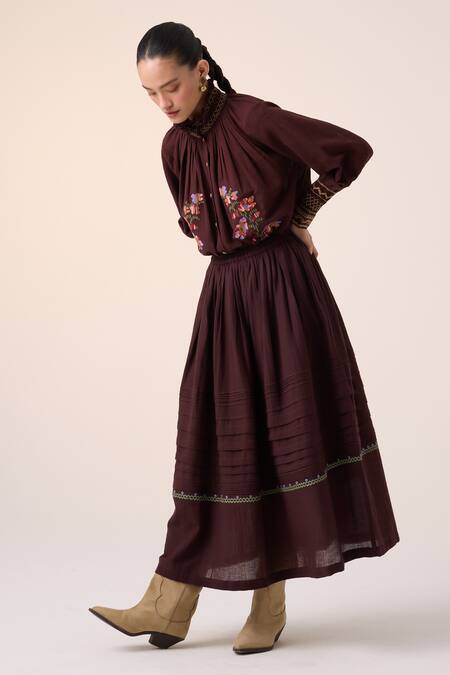 Shop_Cord_Maroon Cotton Embroidery Long Pintuck Skirt _Online_at_Aza_Fashions