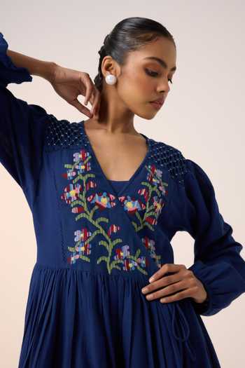 Cord_Blue Cotton Embroidery V-neck Poem Bodice Dress_Online_at_Aza_Fashions
