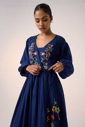 Buy_Cord_Blue Cotton Embroidery V-neck Poem Bodice Dress_Online_at_Aza_Fashions
