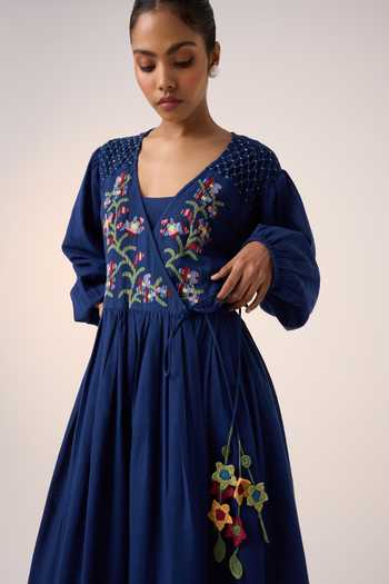 Shop_Cord_Blue Cotton Embroidery V-neck Poem Bodice Dress_Online_at_Aza_Fashions