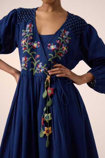 Cord_Blue Cotton Embroidery V-neck Poem Bodice Dress_at_Aza_Fashions