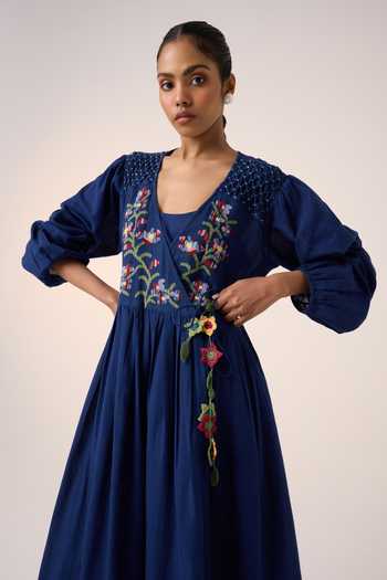 Buy_Cord_Blue Cotton Embroidery V-neck Poem Bodice Dress