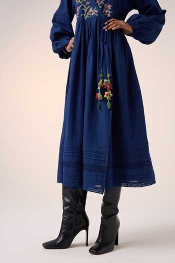 Shop_Cord_Blue Cotton Embroidery V-neck Poem Bodice Dress