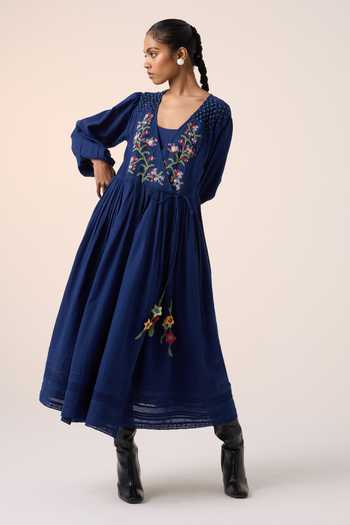Buy Blue Cotton Embroidery V-neck Poem Bodice Dress For Women by Cord  Online at Aza Fashions.