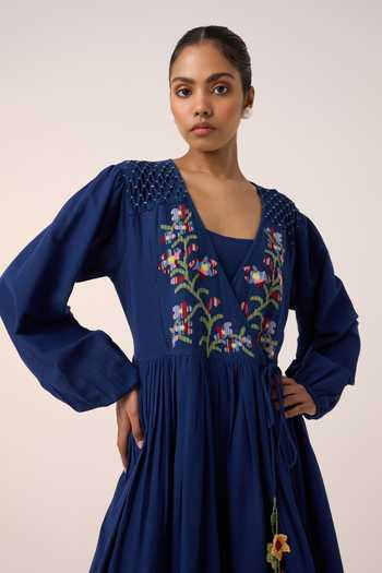 Buy Blue Cotton Embroidery V-neck Poem Bodice Dress For Women by Cord  Online at Aza Fashions.