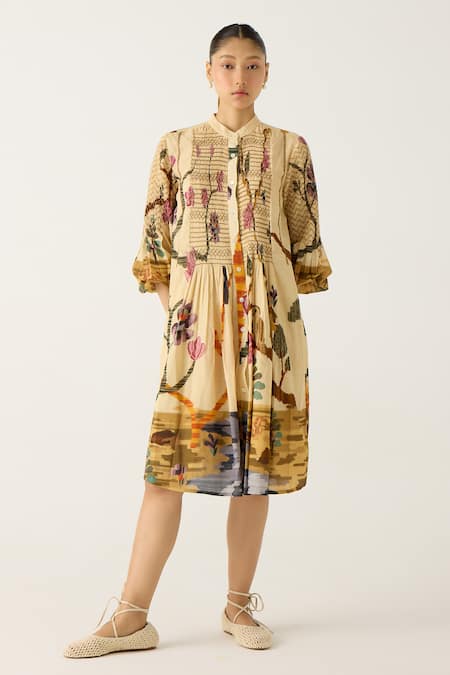 Cord Ivory Cotton Print Safari V Collar Porto Dress