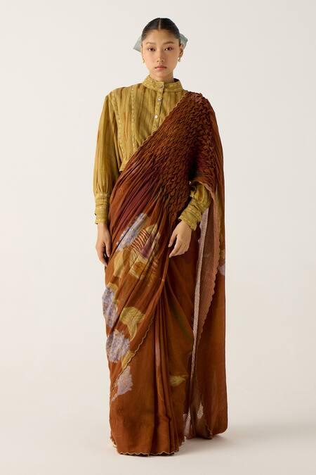Cord_Brown Cotton Foliage Print Smocked Saree _Online_at_Aza_Fashions