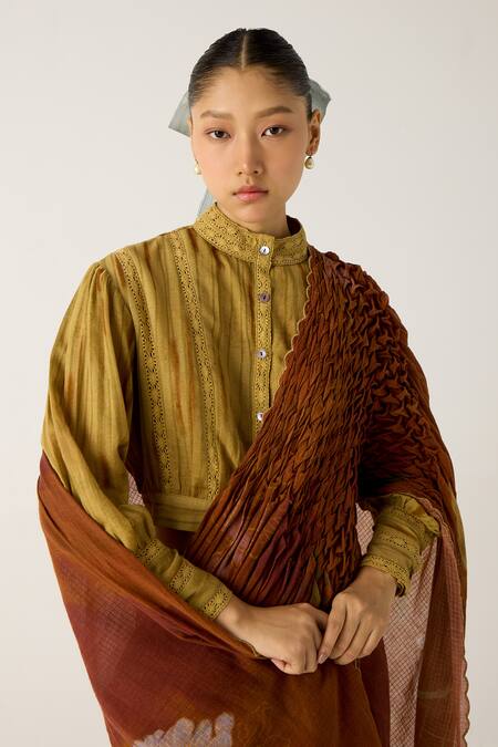 Cord_Brown Cotton Foliage Print Smocked Saree _at_Aza_Fashions