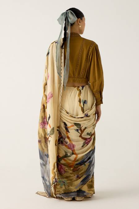 Shop Cord Ivory Cotton Embroidery Safari Print Smocked Saree at Aza Fashions Shop_Cord_Ivory Cotton Embroidery Safari Print Smocked Saree_at_Aza_Fashions