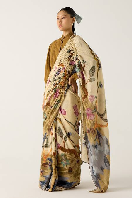 Cord Ivory Cotton Embroidery Safari Print Smocked Saree Online at Aza Fashions Cord_Ivory Cotton Embroidery Safari Print Smocked Saree_Online_at_Aza_Fashions