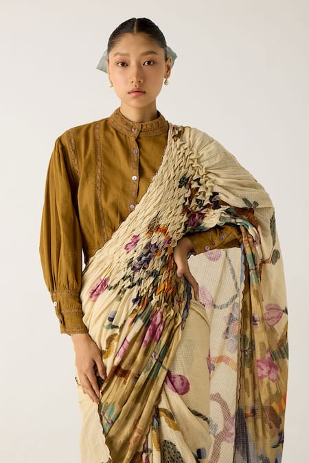 Buy Cord Ivory Cotton Embroidery Safari Print Smocked Saree Online at Aza Fashions Buy_Cord_Ivory Cotton Embroidery Safari Print Smocked Saree_Online_at_Aza_Fashions