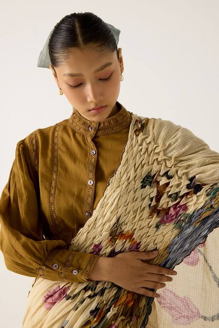 Shop Cord Ivory Cotton Embroidery Safari Print Smocked Saree Online at Aza Fashions Shop_Cord_Ivory Cotton Embroidery Safari Print Smocked Saree_Online_at_Aza_Fashions