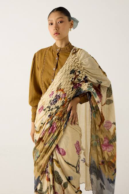 Cord Ivory Cotton Embroidery Safari Print Smocked Saree at Aza Fashions Cord_Ivory Cotton Embroidery Safari Print Smocked Saree_at_Aza_Fashions