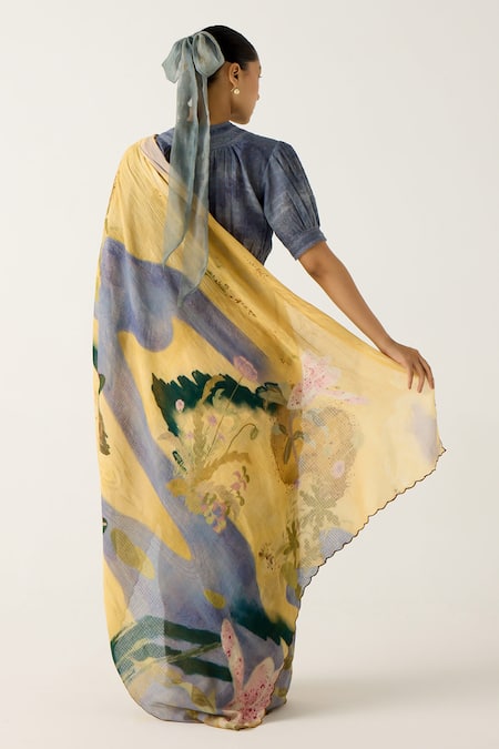 Shop Cord Yellow Cotton Embroidery Wallflower Print Saree at Aza Fashions Shop_Cord_Yellow Cotton Embroidery Wallflower Print Saree_at_Aza_Fashions