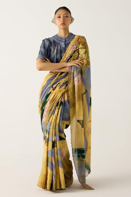 Cord Yellow Cotton Embroidery Wallflower Print Saree Online at Aza Fashions Cord_Yellow Cotton Embroidery Wallflower Print Saree_Online_at_Aza_Fashions