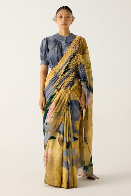 Buy Cord Yellow Cotton Embroidery Wallflower Print Saree Online at Aza Fashions Buy_Cord_Yellow Cotton Embroidery Wallflower Print Saree_Online_at_Aza_Fashions