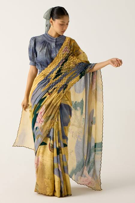 Shop Cord Yellow Cotton Embroidery Wallflower Print Saree Online at Aza Fashions Shop_Cord_Yellow Cotton Embroidery Wallflower Print Saree_Online_at_Aza_Fashions