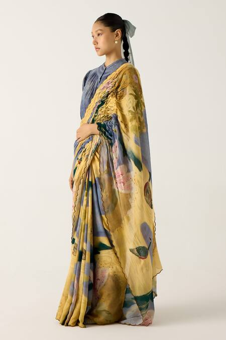 Cord Yellow Cotton Embroidery Wallflower Print Saree at Aza Fashions Cord_Yellow Cotton Embroidery Wallflower Print Saree_at_Aza_Fashions