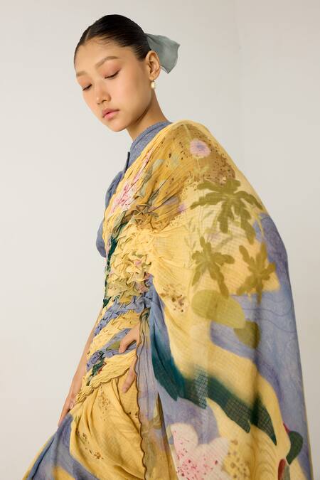 Buy Cord Yellow Cotton Embroidery Wallflower Print Saree Buy_Cord_Yellow Cotton Embroidery Wallflower Print Saree