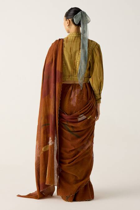 Shop Cord Brown Cotton Lace Bandeau Neck Foliage Print Smocked Saree With Top at Aza Fashions Shop_Cord_Brown Cotton Lace Bandeau Neck Foliage Print Smocked Saree With Top_at_Aza_Fashions