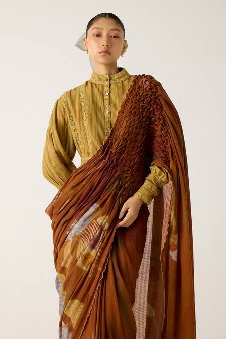 Shop Cord Brown Cotton Lace Bandeau Neck Foliage Print Smocked Saree With Top Online at Aza Fashions Shop_Cord_Brown Cotton Lace Bandeau Neck Foliage Print Smocked Saree With Top_Online_at_Aza_Fashions