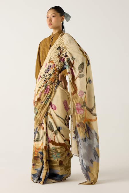 Cord Ivory Cotton Lace Bandeau Neck Safari Print Smocked Saree With Top Online at Aza Fashions Cord_Ivory Cotton Lace Bandeau Neck Safari Print Smocked Saree With Top_Online_at_Aza_Fashions