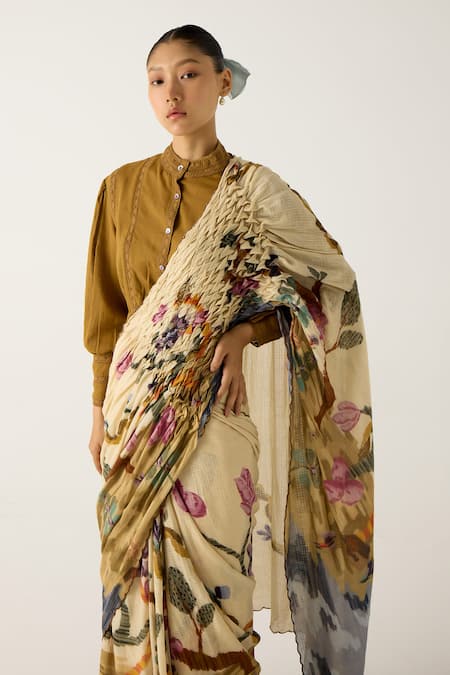 Cord Ivory Cotton Lace Bandeau Neck Safari Print Smocked Saree With Top at Aza Fashions Cord_Ivory Cotton Lace Bandeau Neck Safari Print Smocked Saree With Top_at_Aza_Fashions