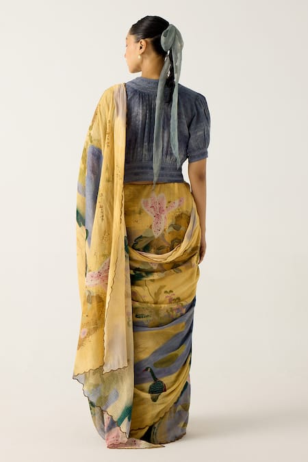 Shop_Cord_Yellow Cotton Lace Round Neck Wallflower Print Saree With Top_at_Aza_Fashions