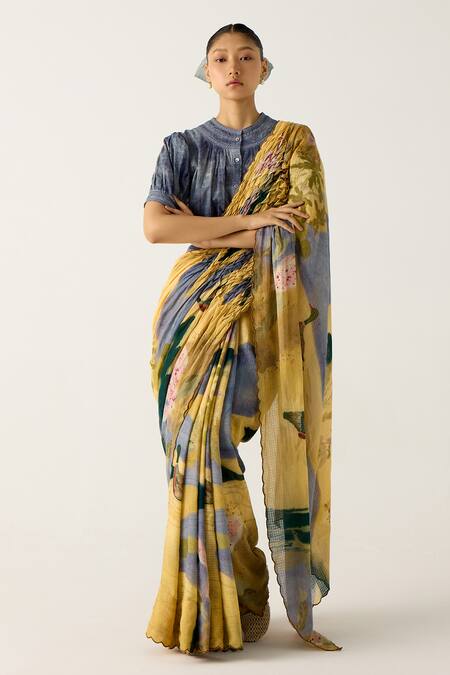 Cord_Yellow Cotton Lace Round Neck Wallflower Print Saree With Top_Online_at_Aza_Fashions