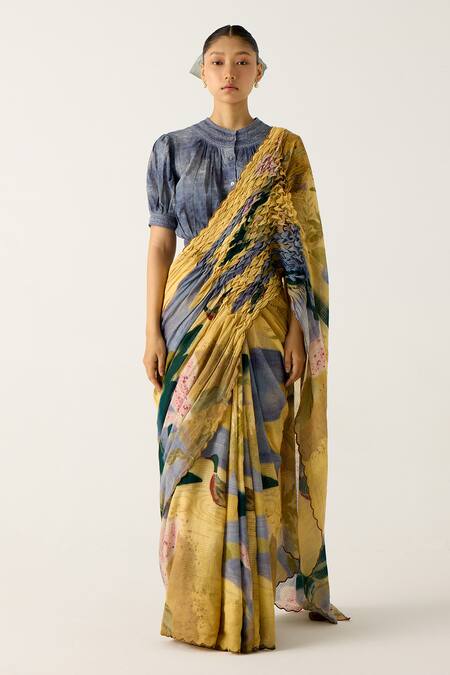 Buy_Cord_Yellow Cotton Lace Round Neck Wallflower Print Saree With Top_Online_at_Aza_Fashions