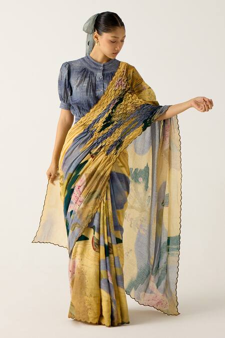 Shop_Cord_Yellow Cotton Lace Round Neck Wallflower Print Saree With Top_Online_at_Aza_Fashions