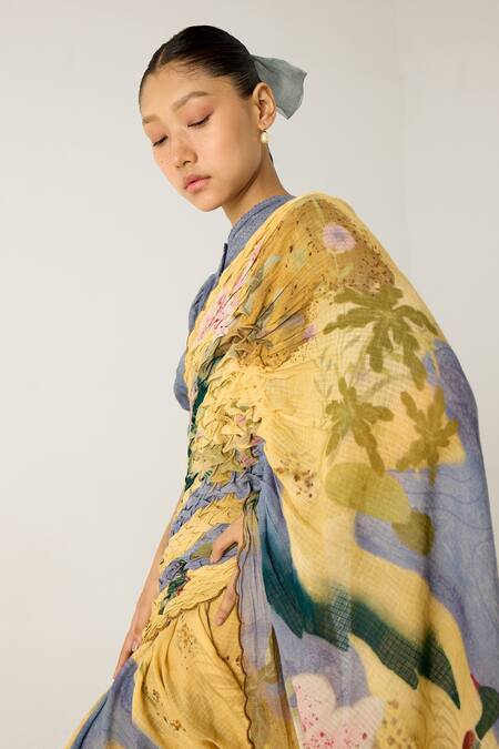 Cord_Yellow Cotton Lace Round Neck Wallflower Print Saree With Top_at_Aza_Fashions