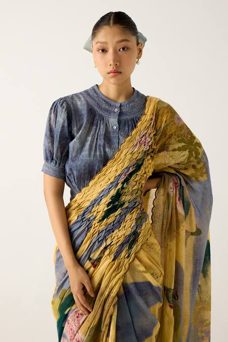 Buy_Cord_Yellow Cotton Lace Round Neck Wallflower Print Saree With Top